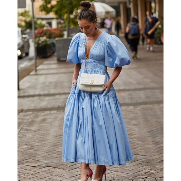 AJE NWOT Fallingwater Gathered Midi Dress Blue Size 8 (US 4) Tiered Pleated Puff - Picture 2 of 13